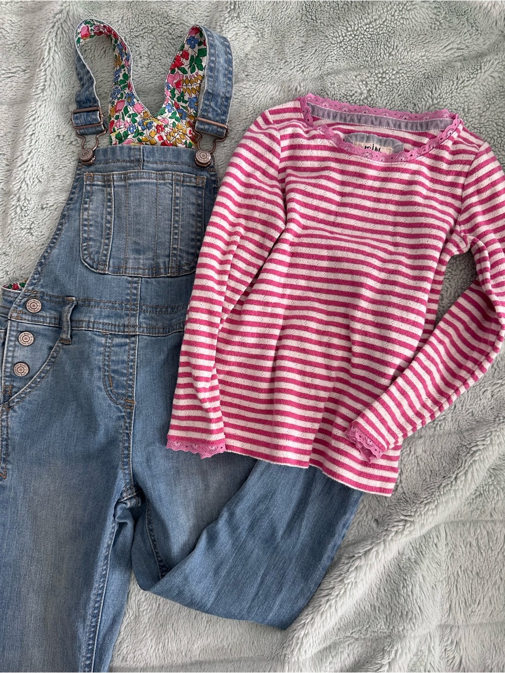 Mini Boden Denim Overalls with Pink & White Striped cotton pointelle top